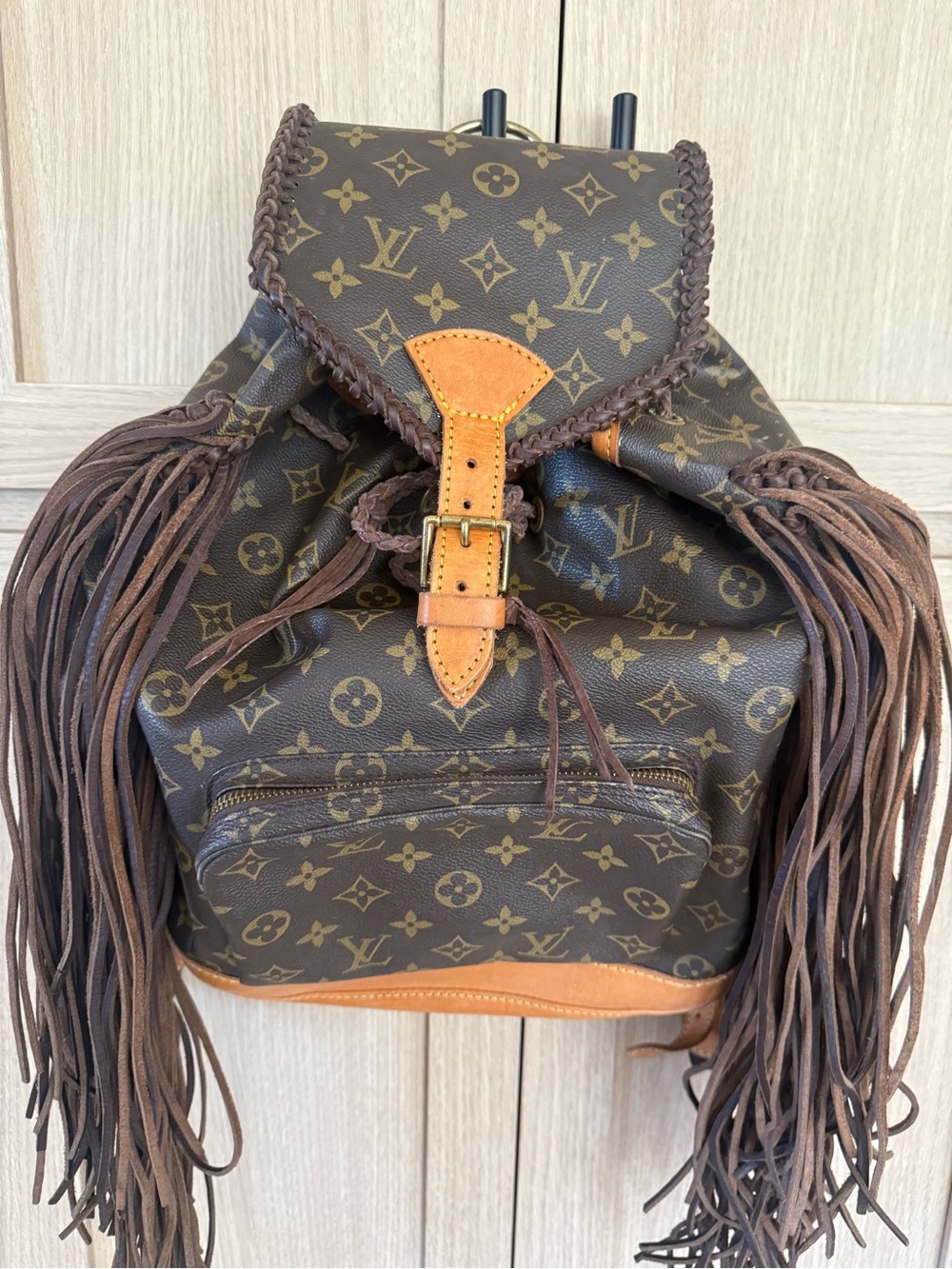 Louis Vuitton Brown Monogram Fringe Backpack with Tan Trim-Vintage boho